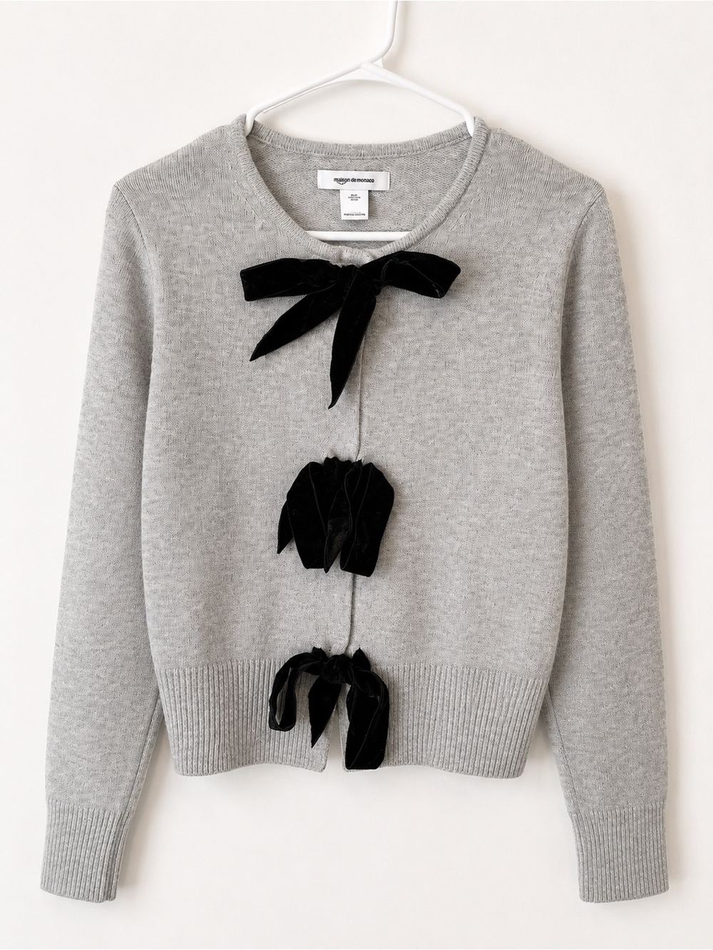 Grey Crewneck Sweater with Black Velvet Bows